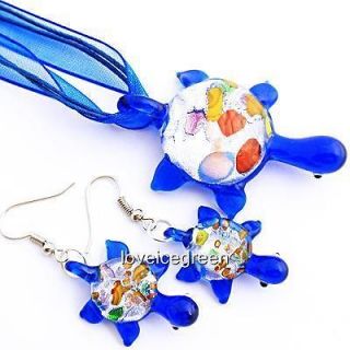 Blue Turtle Lampwork Murano Glass Bead Pendant Ribbon Necklace