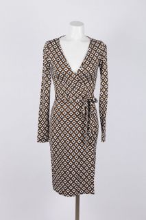 Diane Von Furstenberg Brown/White Silk Long Sleeve V Neck Wrap Dress