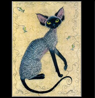 LARGE UNMOUNTED BLACK SMOKE DEVON REX CAT PAINTING PRINT BY SUZANNE LE