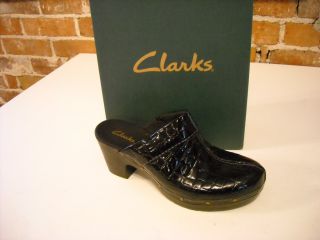 Clarks Gloss Cougar Black Croc Patent Studded Mule Clogs