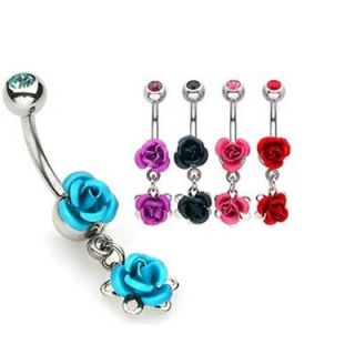 DOUBLE METAL ROSE FLOWER DANGLE NAVEL BELLY RING BUTTON PIERCING