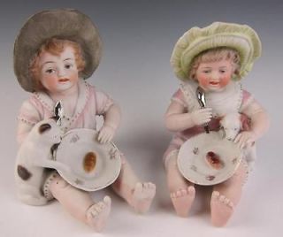 PAIR German Bisque PIANO BABY Boy Girl Cat Dog Porcelain Figurine Doll