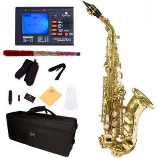 listed MENDINI Bb CURVED SOPRANO SAXOPHONE SAX ~GOLD LACQUER +TUNER