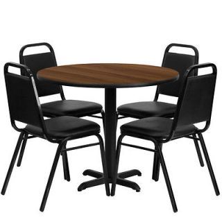 36 Round Walnut Dining Table with 4 Black Trapezoidal Back Banquet