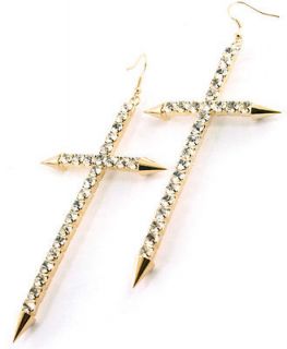 Basketball Wives Style LARGE 4 inch Gold CRYSTAL CROSS Spike Earrings
