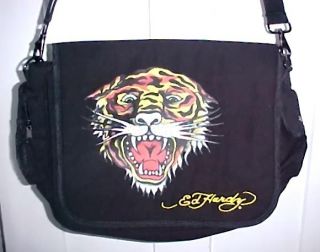 Ed Hardy Messenger Bag Black with Growling Tiger Design NEW