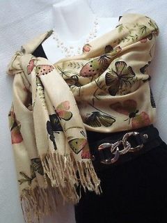 GOLD WITH MULTI COLOUR BUTTERFLY DESIGN PASHMINA   SHAWL, WRAP, SCARF