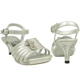 Girls Strappy Cross Rhinestones High Heel Silver Sandals Pageant youth