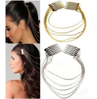 New Women Chic Hair Cuff Pin Head Band Chains 2 Combs Tassels Fringes