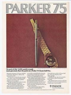 1974 Parker 75 gold pen with Rolex Watch photo print ad