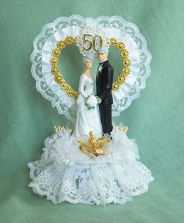 White or Ivory Satin & Lace 50th Wedding Anniversary Cake Top w/Couple