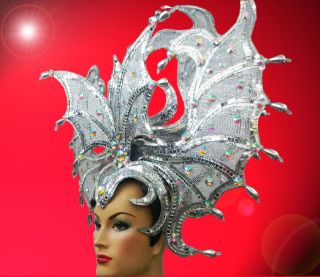 Showgirl Drag Queen Carnival Cabaret Dance Costume Silver Headdress
