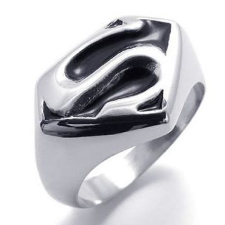 Size 12 Silver Black Superman Hero Symbol Stainless Steel Mens Ring
