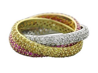 DIAMOND PINK & YELLOW SAPPHIRE 18K TWO TONE GOLD 3 BAND ROLLING RING
