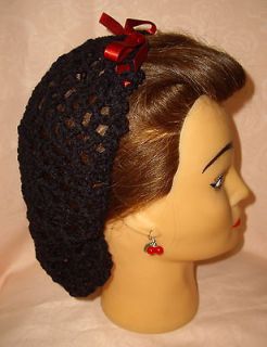 HAIR SNOOD (BLACK WITH RED RIBBON HANDMAD E 1940S STYLE)