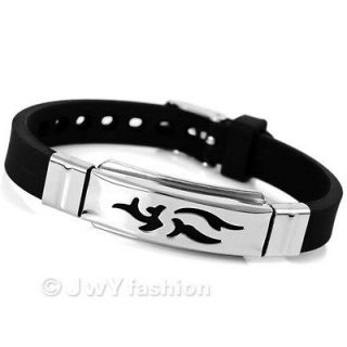 Newly listed Silver Stainless Steel Black Rubber Men Wrist Band Bangle