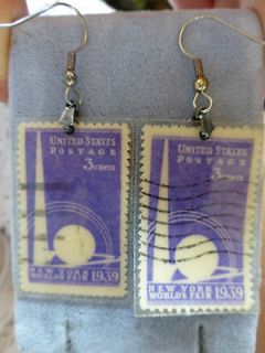 Vintage 1939 New York Worlds fair 3 cents stamp earrings pierced USPS