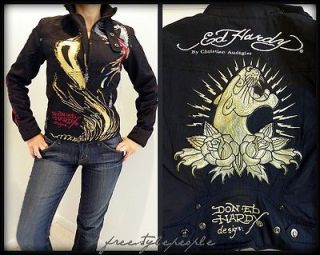 275 NWT New ED HARDY Black Gold PANTHER Flowers SMALL MED Moto Jacket