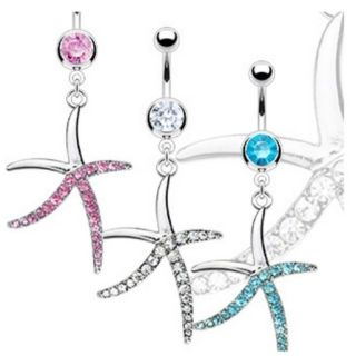 GEM PAVED STARFISH DANGLE BELLY NAVEL RING STEEL CZ BUTTON PIERCING
