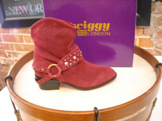 TWIGGY London Burgandy Perforated Suede Ankle Boots NEW