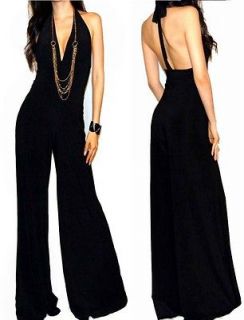 SEXY BLACK HALTER MAXI PALAZZO DRESS JUMPSUIT OUTFIT M