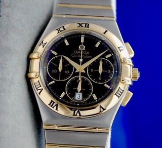 Mens OMEGA Constellation 18K Gold & SS Chronograph Watch   Black Dial