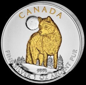 Wolf 1 oz Fine 9999 Silver Canada 2011 Wildlife Gilded Gold