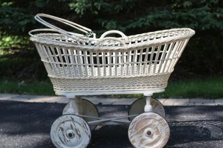 Antique Wicker Baby Bassinet with Wheels