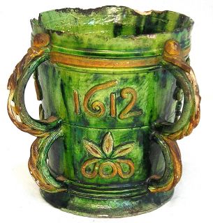 LARGE LATE C19TH CASTLE HEDINGHAM POT WITH APPLIED DECORATION AND
