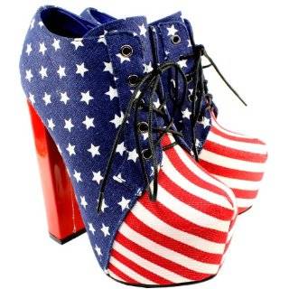 Damen Schuhe USA American Flag High Heel Stiefeletten Boots Blau