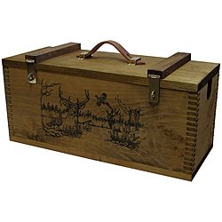 Evans Sports, Inc. Animal Collage Print Wooden Gun Cleaning Case (BrownDesign: Animal collage printFinger joint constructionRugged hardwareSlotted gun cradleLift out trayLeather handleWeight: 15 poundsMaterials: Wood/metal hardware/leatherDimensions: 9.5 