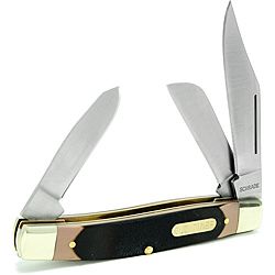 Schrade Old Timer Senior Pocket Knife (Black, brownClip point, sheeps foot, and three spey stainless steel bladesMade of a durable delrin material with sure grip, the handles are saw cut and unbreakableBlade length: 3 inchesHandle length: 3.9 inchesOveral