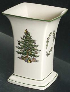 Spode Christmas Tree Green Trim Square Vase, Fine China Dinnerware   Newer Backs
