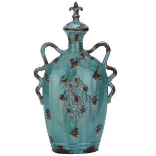 Casa Cortes Crete Turquoise Ceramic Jar Vase (Turquoise Materials CeramicAdorned with a decorative carving that graces the frontGlazed and unglazed areas and a distressed finishDecorative/Functional DecorativeHolds Water NoDimensions 25 inches high x 