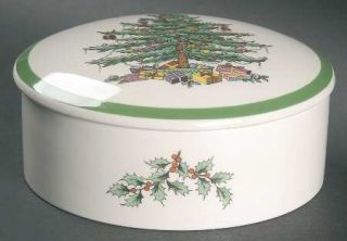 Spode Christmas Tree Green Trim Round Box with Lid, Fine China Dinnerware   Newe
