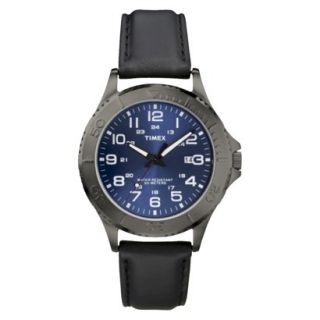 Timex Mens Silver Stainless Steel and Black Leather Strap Watch with Blue Dial