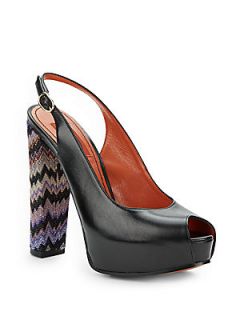 Leather & Zigzag Knit Peep Toe Slingback Pumps   Black