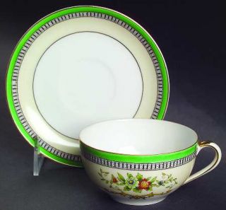 Noritake Roseara Flat Cup & Saucer Set, Fine China Dinnerware   Green Band,Flora