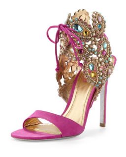 Womens Embellished High Heel Ankle Tie Sandal, Fuchsia   Rene Caovilla