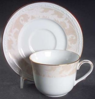 Noritake Oakleigh Flat Cup & Saucer Set, Fine China Dinnerware   Tan Band W/ Whi