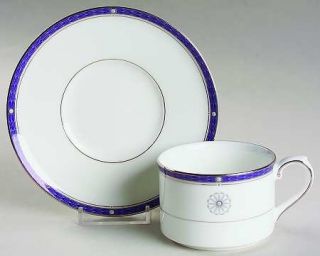 Royal Doulton Fanfare Flat Cup & Saucer Set, Fine China Dinnerware   Bone,Blue B