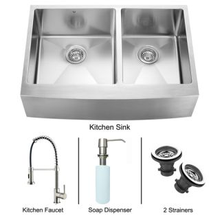 Vigo Industries VG15100 Kitchen Sink Set, Farmhouse Sink, Faucet, Two Strainers amp; Dispenser Stainless Steel