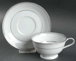 Noritake Graymere Footed Cup & Saucer Set, Fine China Dinnerware   Gray Band, Pl