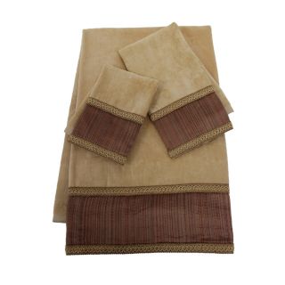 Juliet Striped Embellished 3 piece Towel Set (Nugget gold/taupe/brown Materials: 100 percent cotton towel/100 percent polyester band Care instructions: Spot clean recommended DimensionsBath towel: 25 inches wide x 48 inches longHand towel: 16 inches wide 
