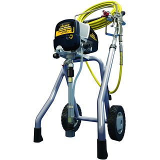 Wagner Twin Stroke 9155 Airless Paint Sprayer (reconditioned) (Black/yellowHose length: 25 feet3000 max psiCart stand style for five gallon bucket0.32 GPM Volts: 110 Amps: 15 Max tip size: 0.017Dimensions: 28 inches high x 19 inches wide x 21 inches longM