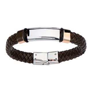 Inox Jewelry Mens Stainless Steel & Brown Leather Woven Bracelet