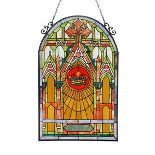Tiffany Style Cathedral Design Stained Glass Panel (Tones of red, green, amber and blue art glass and clear glass Materials: Metal and art glass Pattern: Mission Glass: Art glass Dimensions: 32 inches tall x 20.40 inches wide x 0.25 inch deep Assembly: Mo