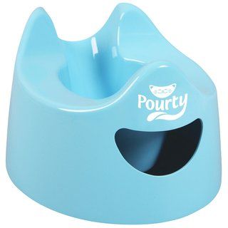 Pourty Easy to pour Potty In Blue (BlueUnique pouring duct and anti drip lip for easy cleaningHandle at the front so that you pour waste out of the back away from where the child sitsWide ergonomic seat for greater comfort for boys and girlsWide base for 