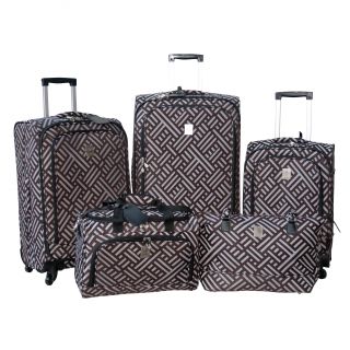 Jenni Chan Signature Brown/silver 5 piece Spinner Luggage Set (Brown/ silverMaterials: PolyesterExternal packing pocket Zippered mesh pocket Computer compartment in tote: 17 inches x 10 inches x 2 inchesWeight: Large upright (11.5 pound), medium upright (