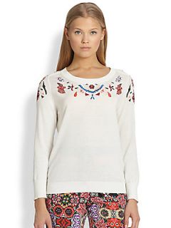 Rebecca Minkoff Crewneck Embroidered Pullover Sweater   Chalk